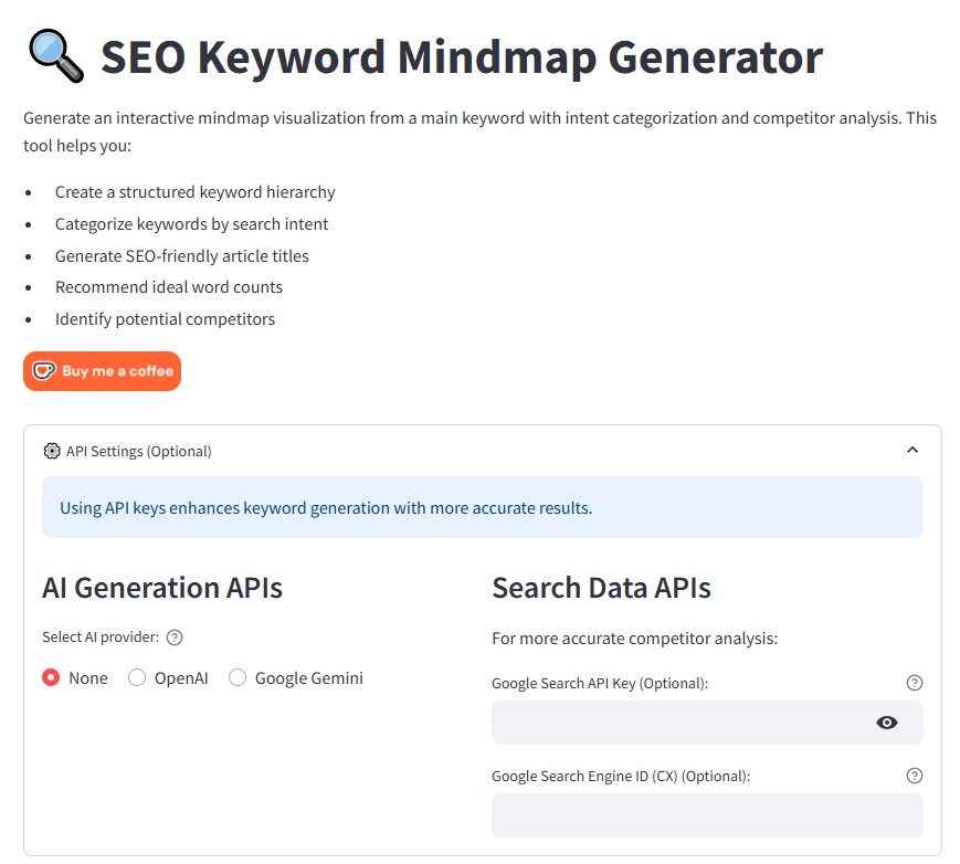 gambar 1: tampilan utama SEO keyword mindmap generator
